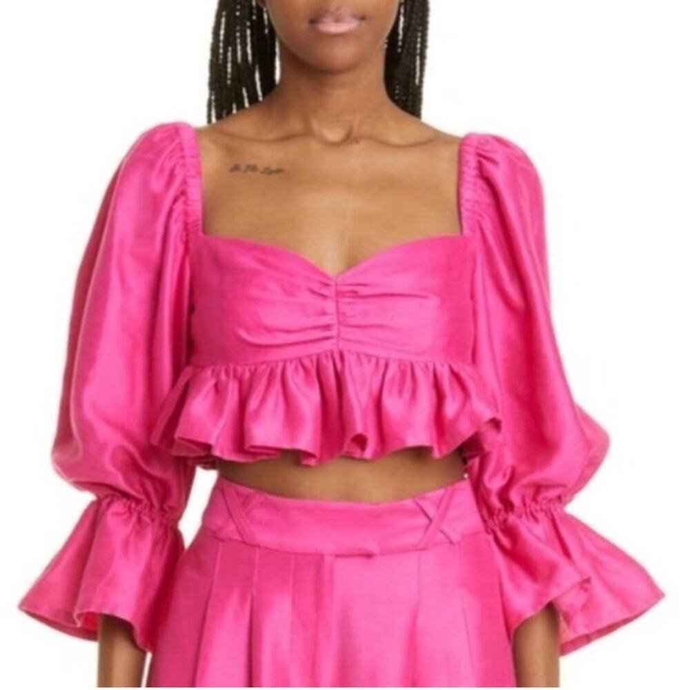 ALEMAIS Pink Ruffle Blouson 3/4 Sleeve Blaire Peplum Crop Top Fuchsia  2